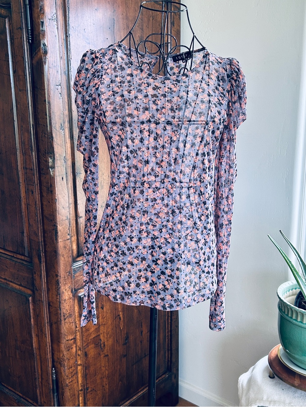 1. State Floral Iris Purple Long-Sleeve Puff Sleeve Sheer Blouse Size XS